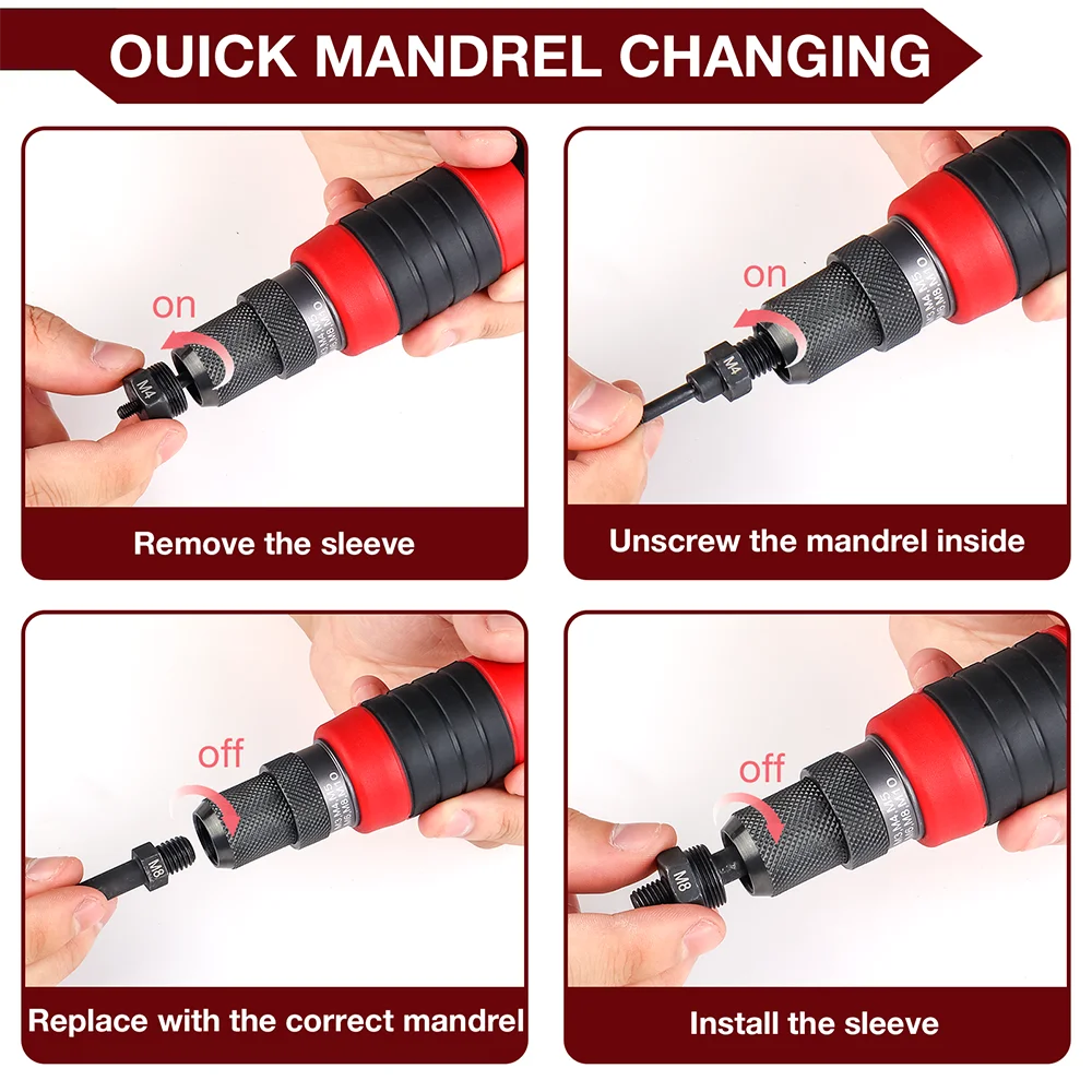 M3 M4 M5 M6 M8 M10  Electric Rivet Nut Adapter, Cordless Home Rivet Gun, Including Tools Box, 3-12mm Drill Bit, Riveting Tools，
