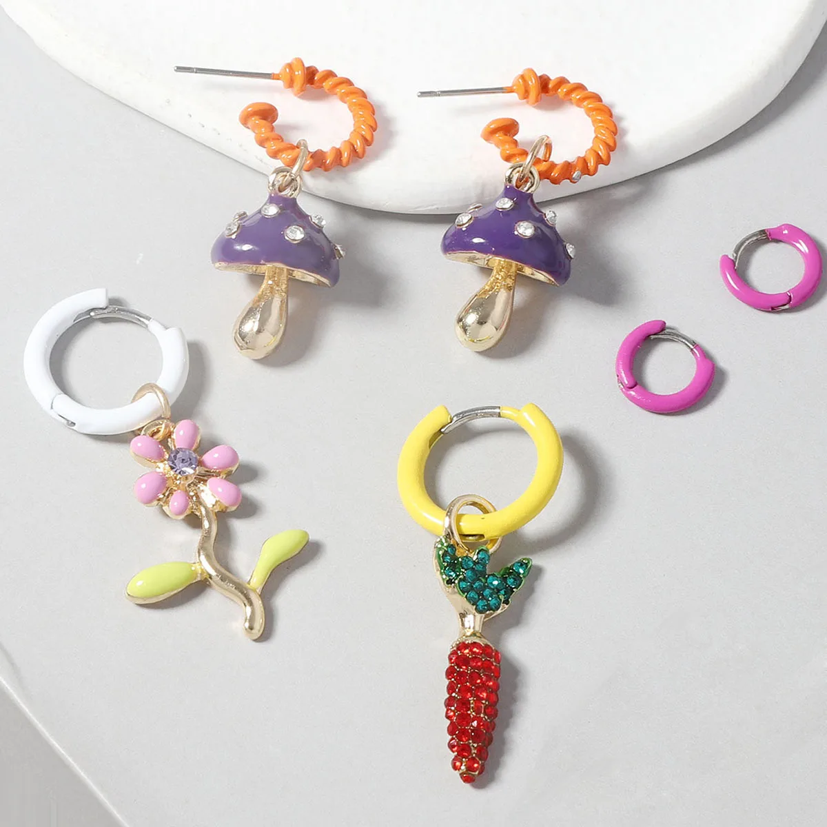 ZAA Colorful Mushroom Flower Earrings Round Hoop Earrings for Women Girls Cute Fashion Jewelry 6Pcs/sets 2024 Trend New