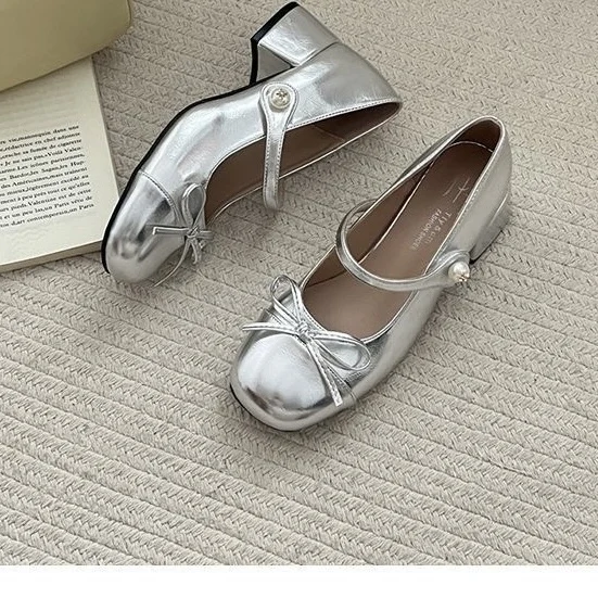 Fashionable Lightweight Ballet Style Mary Jane mid Heel Shoes for Women with Bow Tie Versatile Good Looking Suitable for Skirts