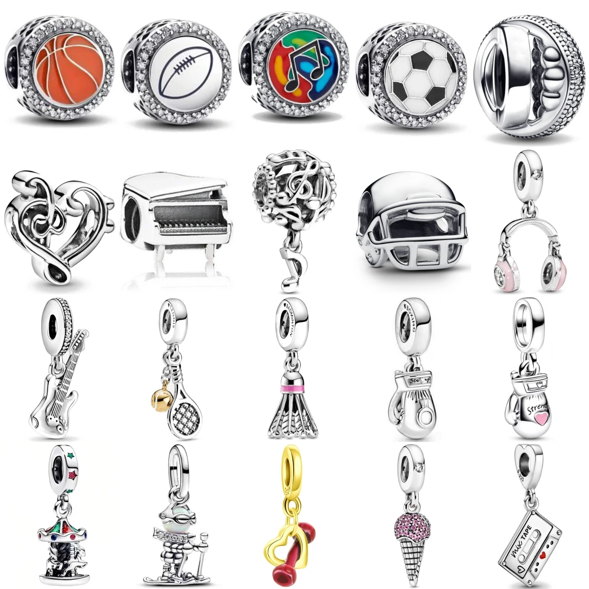 

925 Sterling Silver Piano Guitar Badminton Basketball Charm Pendant For Original Bracelet Female Jewelry Exquisite Gifts