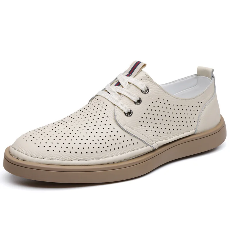 

Spring Summer Hallow Leather Shoes for Men Solid Color Fashion Casual Shoes Male Soft Sole Lace Designer Driving Shoes Man