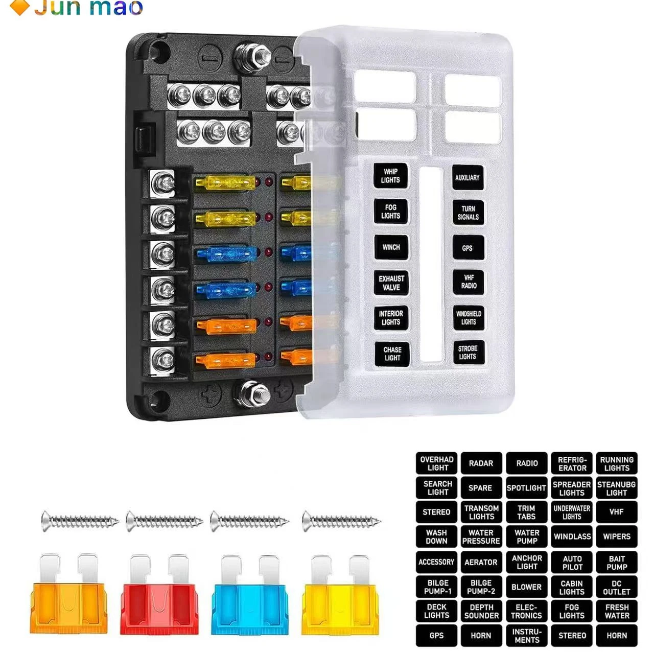 Vehicle and vessel multi-channel fuse box, positive and negative fuse holder, LED light plug-in circuit modification