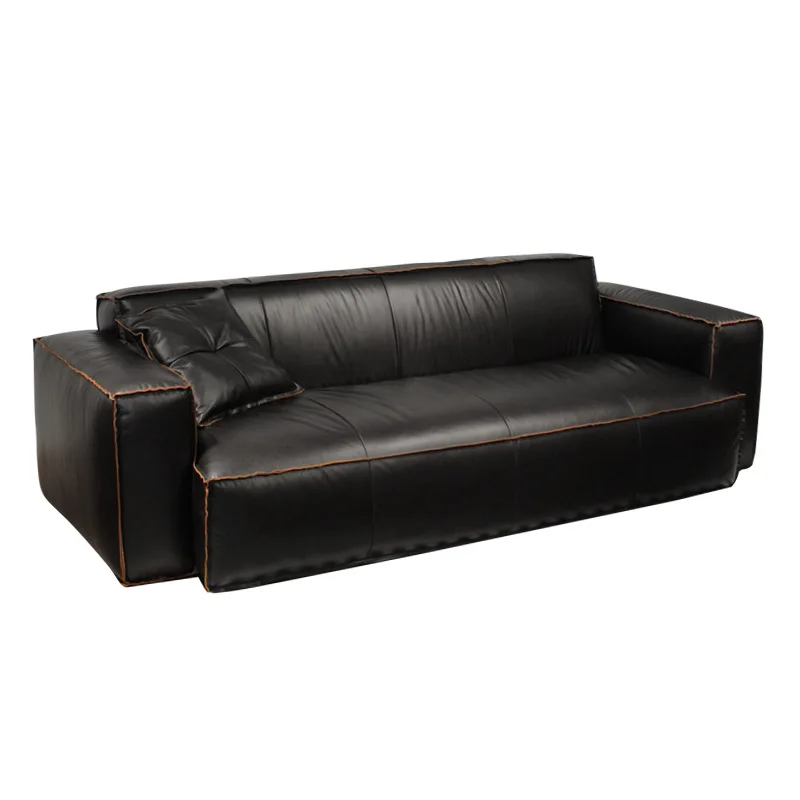 

Medieval style, all leather sofa, retro oil wax leather Italian living room straight row modern simple first layer cowhide