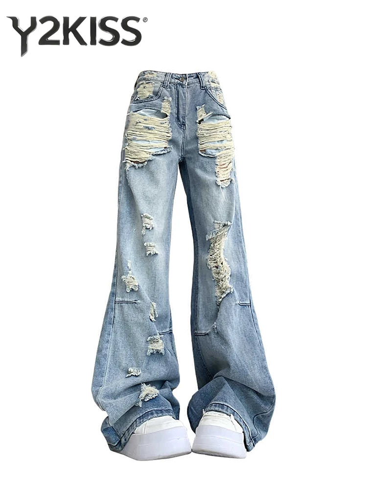 

Летние женские джинсы-бойфренды с рваными элементами в стиле панк, свободные джинсовые брюки в стиле гранж Y2K, американское ретро, японский дизайн с дырками, брюки в стиле Харадзюку, дизайн Goblin