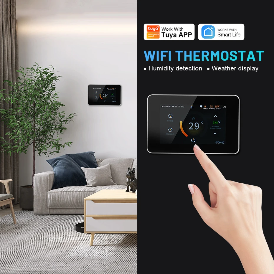 Tuya 와이파이 스마트 온도 조절기, 전기 바닥 난방 물 난방 온도 컨트롤러 CO2 및 습도 센서 알렉사 구글 홈