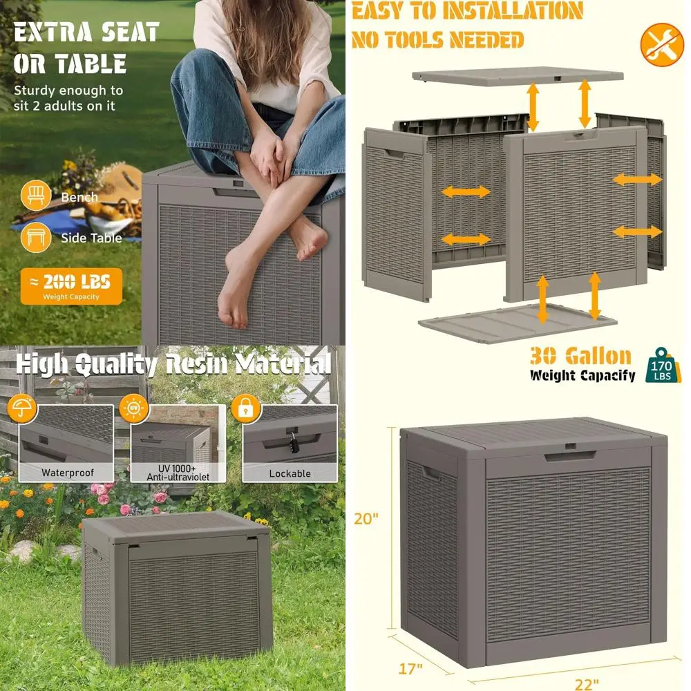

Уличный водонепроницаемый ящик для хранения объемом 30 галлонов с запирающейся крышкой для террасы, садовых инструментов и аксессуаров для патио - серый