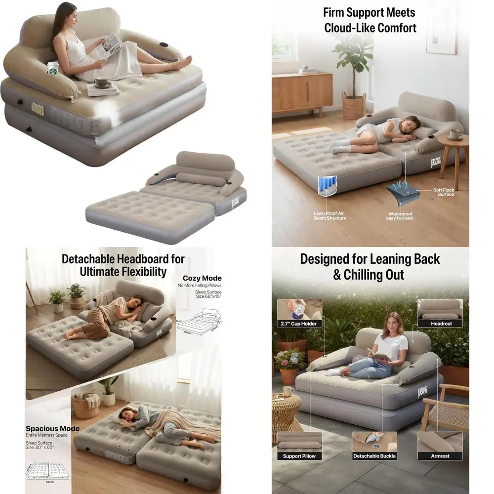 

Надувной диван-матрас со встроенным насосом, кровать-софа 2-в-1, портативный надувной матрас с подставкой и подстаканником, идеально подходит для