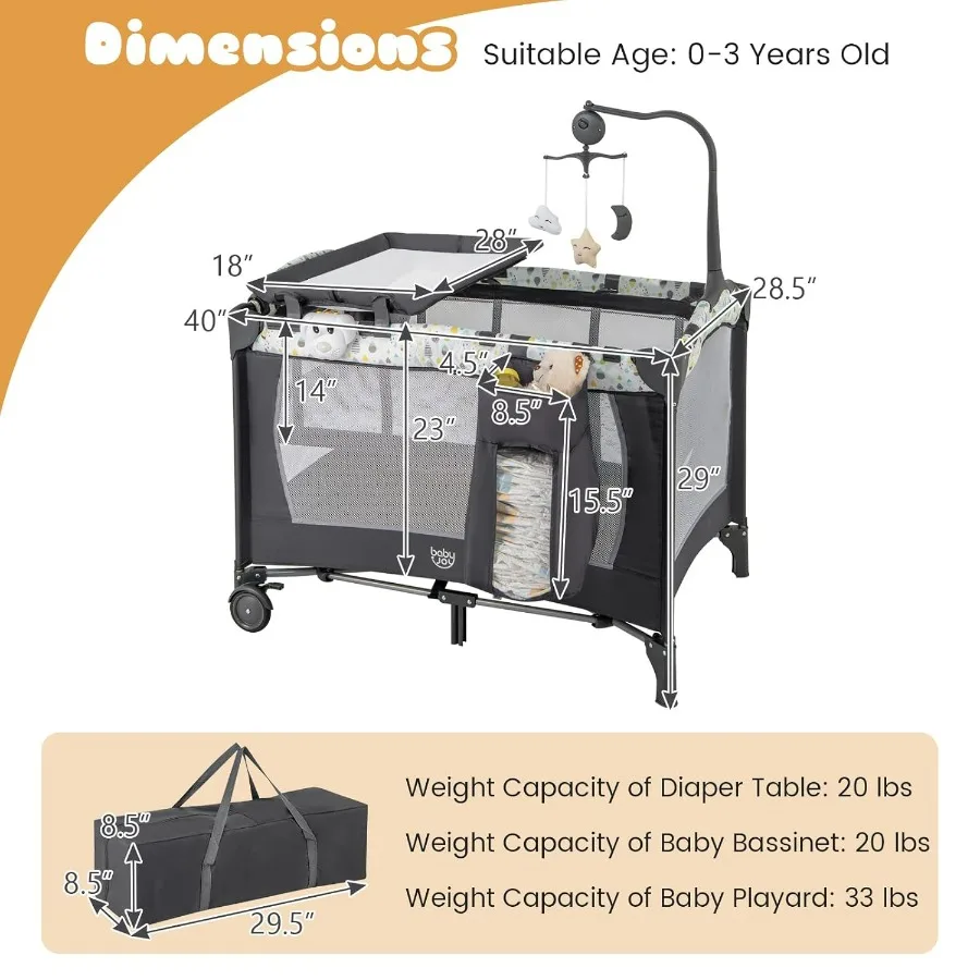 3 in 1 Pack and Play Portable Baby Playard with Bassinet Changing Table Lockable Wheels Glowing Music Box Travel Baby Crib Bass