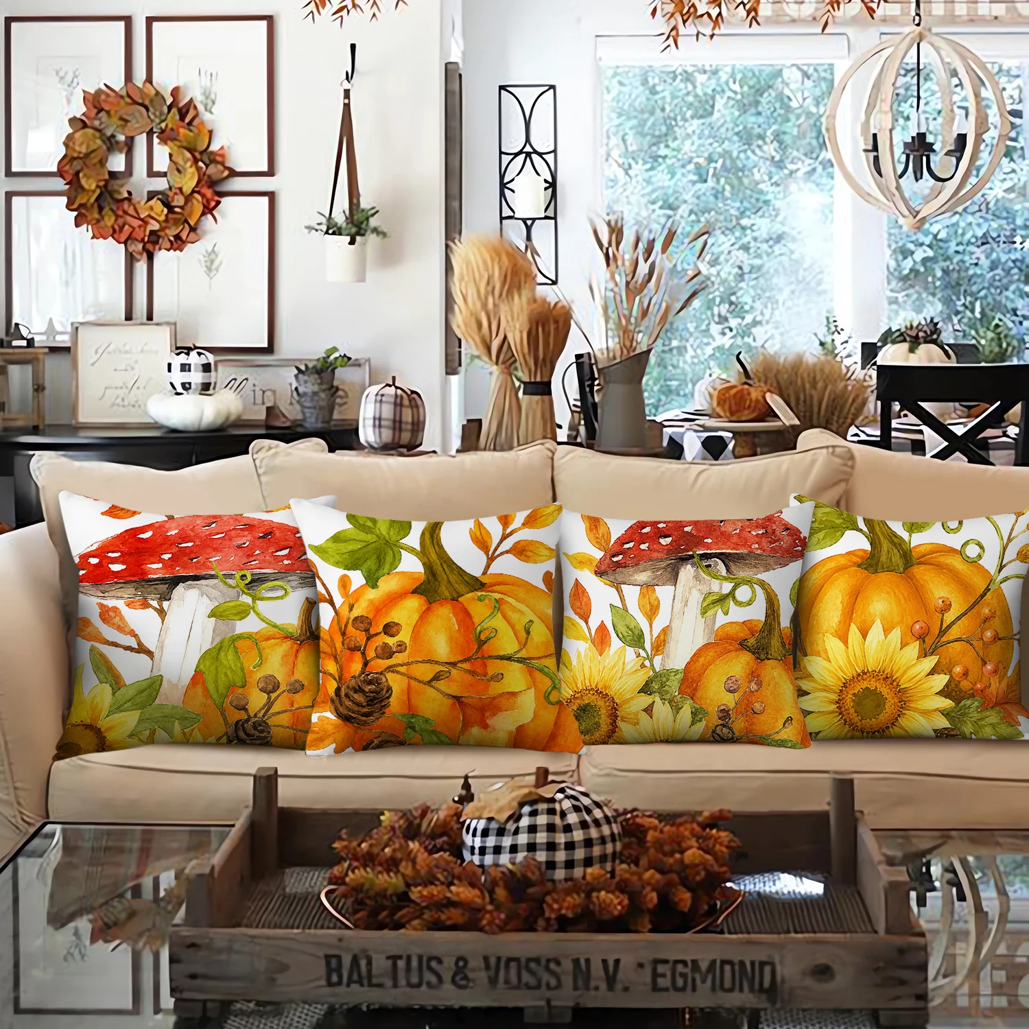 4pcs Fall Throw Pillow Covers with Red Mushroom Sunflower Pumpkin Pine Branch Watercolor Design, for Indoor