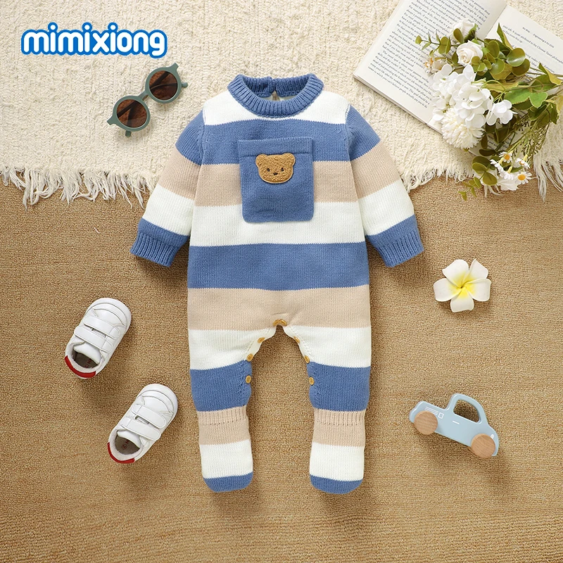 

Baby Rompers Clothes Newborn Cartoon Bear Knitting Infant Kids Boys Girls Stripes Jumpsuits Toddler Playsuits Costumes One Piece