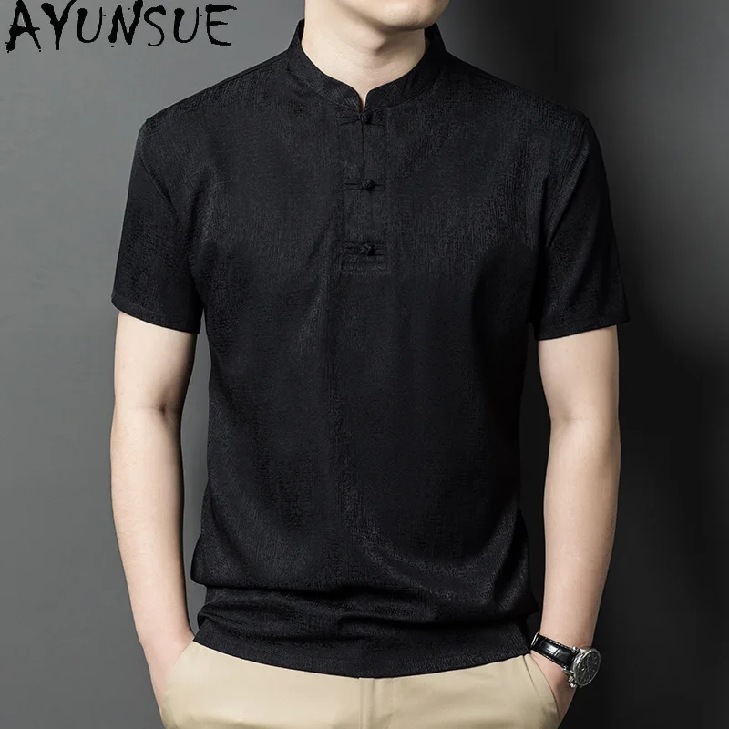 AYUNSUE 92%Real Mulberry Silk T Shirt for Man High Quality Short Sleeve Tops Summer 2026 Casual Black Shirt Stand Collar Tshirts