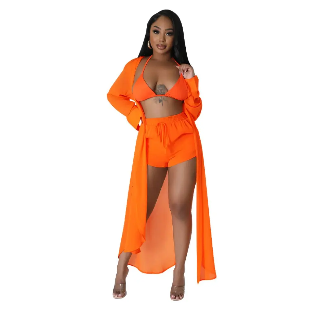 

Women's Sexy Solid Color Chiffon Long Shirt And Shorts Beach Two-Piece Set European And American Fashion K10501