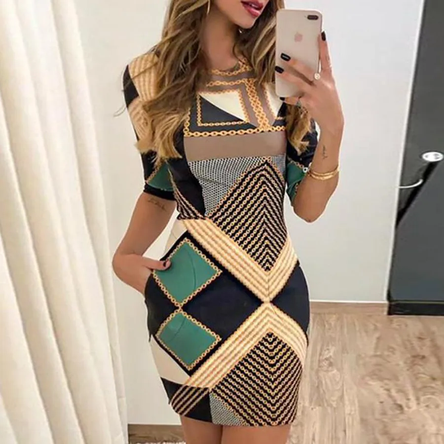 

New Fashion Women's Dress 2024 Spring Summer Geo Print Color Block Slim Fit Pocket Buttons Printed Short Sleeve Dress Vestidos