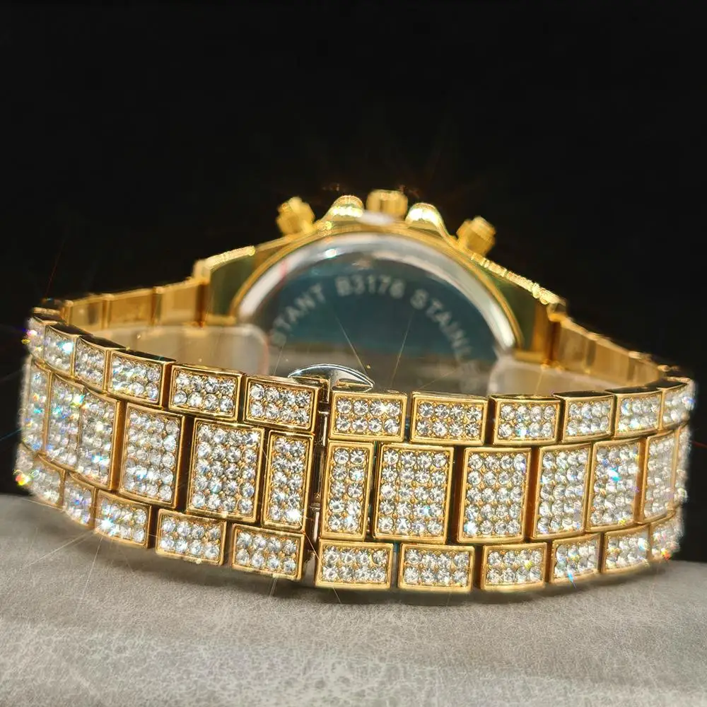 Uniguetu redondo relógios masculinos ouro hip hop aço inoxidável quartzo relógio à prova dwaterproof água arco-íris diamante relógio de pulso homem venda quente