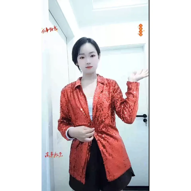 

Black Sequin Shinny Shirt Jacket Women Casual Loose Blazer Stage Party Nightclub Costume Chemise Homme Disco Camisas