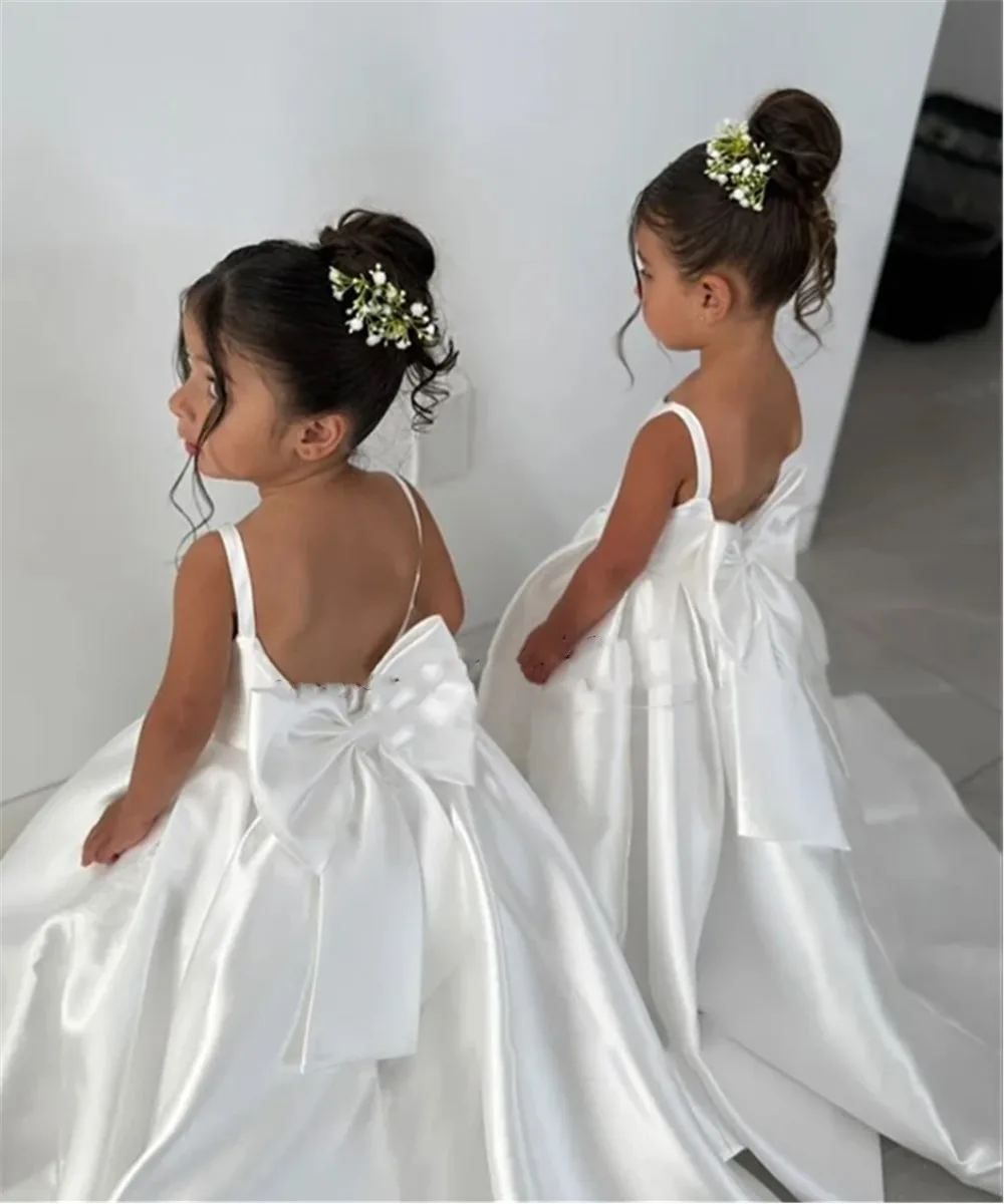 

Elegant Satin Cute Baby Flower Girl Dress Bow Sleeveless Birthday Party Wedding Dress Kids First Communion Ball Gown Customized