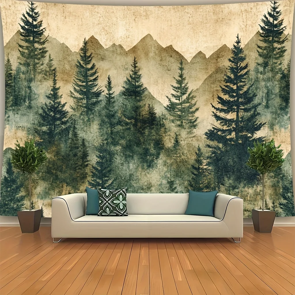 Bohemian Forest Mountain Landscape Tapestry Wall Hanging Rustic Woodland Art Home Decor Boho Wall Scroll for Bedroom Living Room