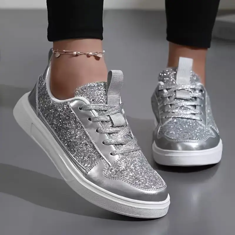New Style Women's Non-Slip Thick-Soled Fashionable and Comfortable Shiny Silver Casual Sneakers with Leather Surface, Lightweight and Breathable Sports Shoes