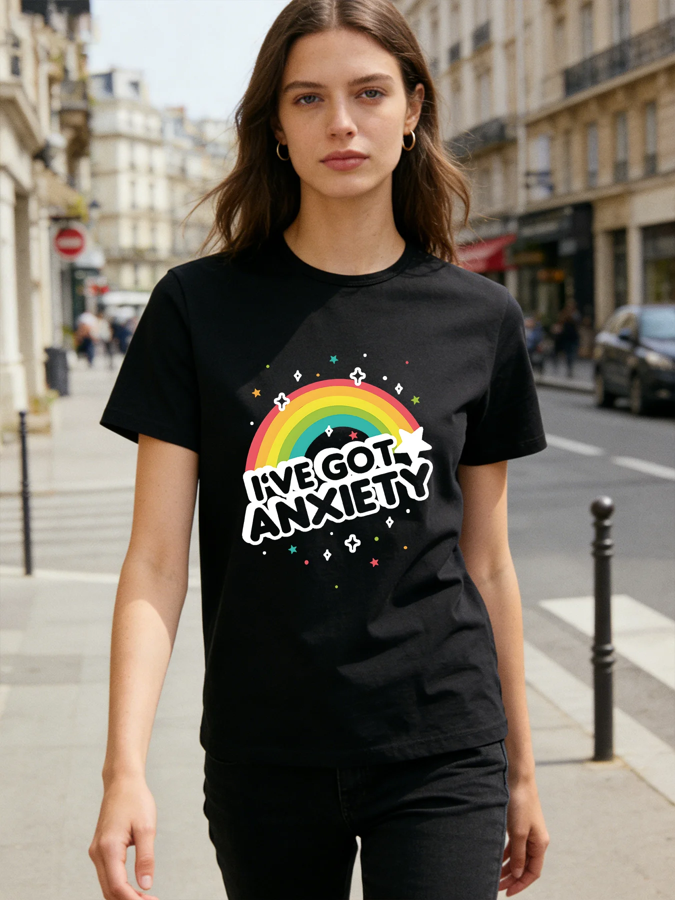 

I've Got Anxiety Rainbow T Shirt Women Funny Mental Health Graphic Tee Spring Summer Round Neck Short Sleeve Casual Tops