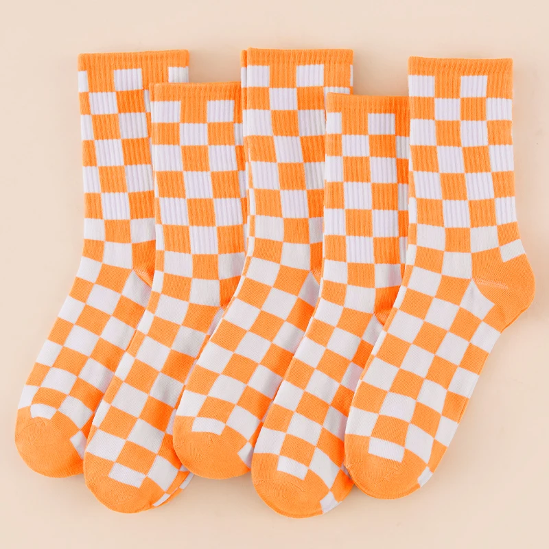 5 Pairs Of Unisex Orange And White Checkered/Striped Ankle Socks For All Seasons, Versatile, Comfortable, And Casual