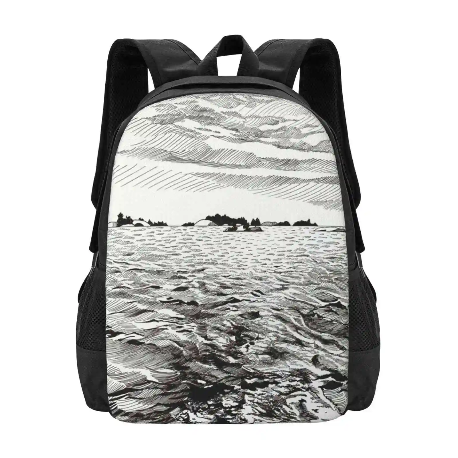 Windy Lake Ink Drawing Hot Sale Schoolbag Backpack Fashion Bags Ink Drawing Lake Waves Sailing Bay Up North Cottage Country Pen