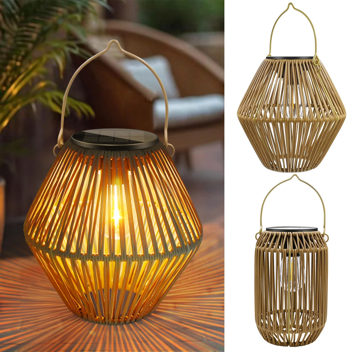 Outdoor Solar Rattan Lanterns, Waterproof Hanging Boho Solar Lights for Garden, Patio, Yard, Porch Decorative Lighting