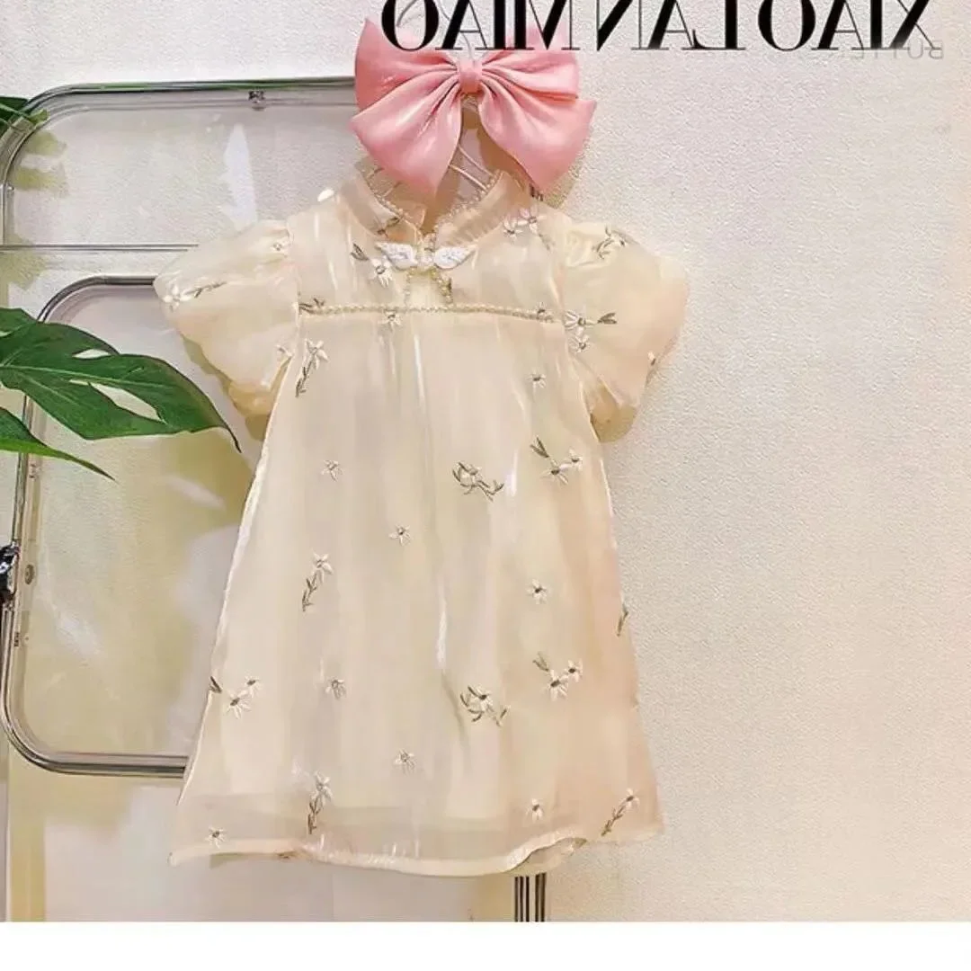 Girls Casual Dresses 2023 New Children Summer Qipao Chinese Style Embroidered Pearl Neck Bubble Sleeve Girls Dress