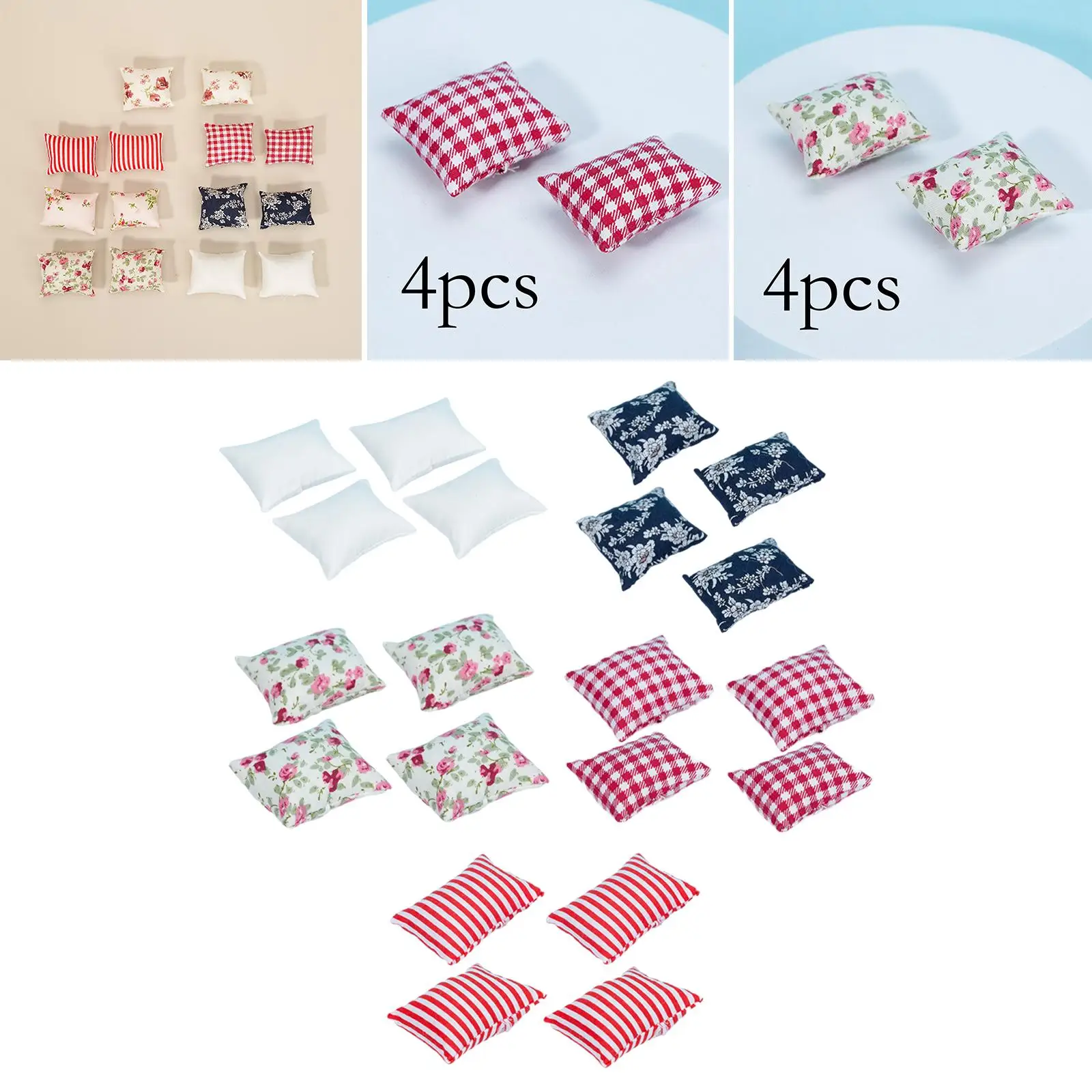 Almohada para casa de muñecas en miniatura, 4 Uds., para sofá, cama, accesorios para casa de muñecas