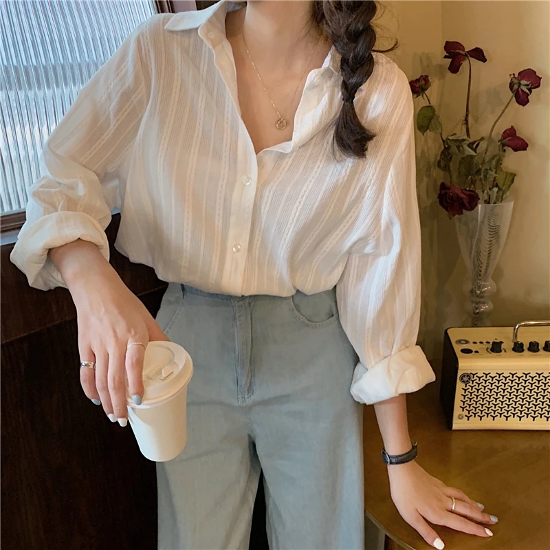 

Ele Simple Loose Single Button Collar Women's irt Spring 2023 Soft Subtle Stripes Versatile Cotton Blend Commute S...