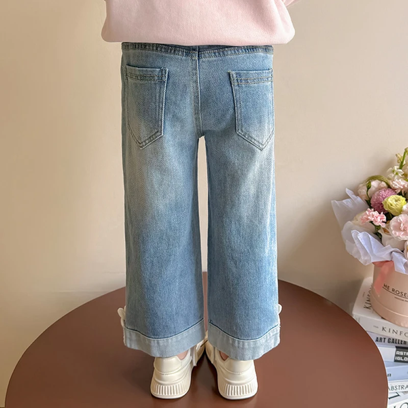 2026 Sprin New Girls  Jeans Cute Rabbit Decor Rolled Cuff Wide Leg Pants Elastic Waist Soft Denim Trousers for 2-7Y Toddler Kids