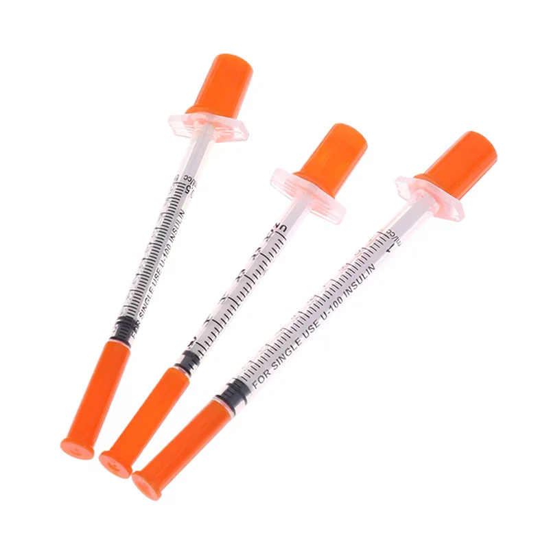 5Pcs 0.3/0.5/1ML Disposable Plastic Veterinary Syringe Orange Cap Sterile Insulin Syringe With Needles For Pet Farm Animal