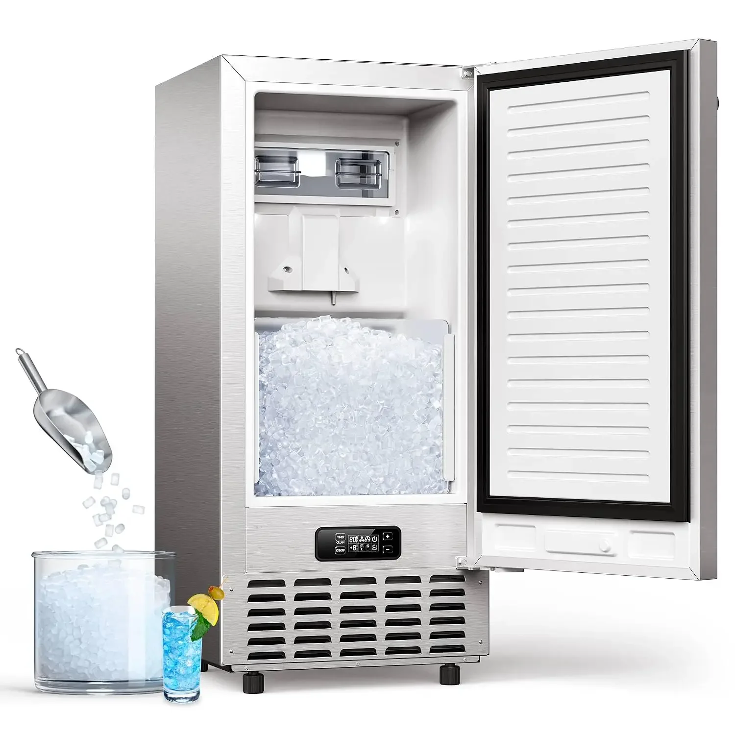 Ecozy Under Counter Nugget Ice Maker Machine, Bulit-in & Freestanding, Horizontal Handle, Reversible Door, 66 Lbs/Day, Thickened Viewing Glass Window, Self-Cleaning & 24H Timer, Stainless Steel
