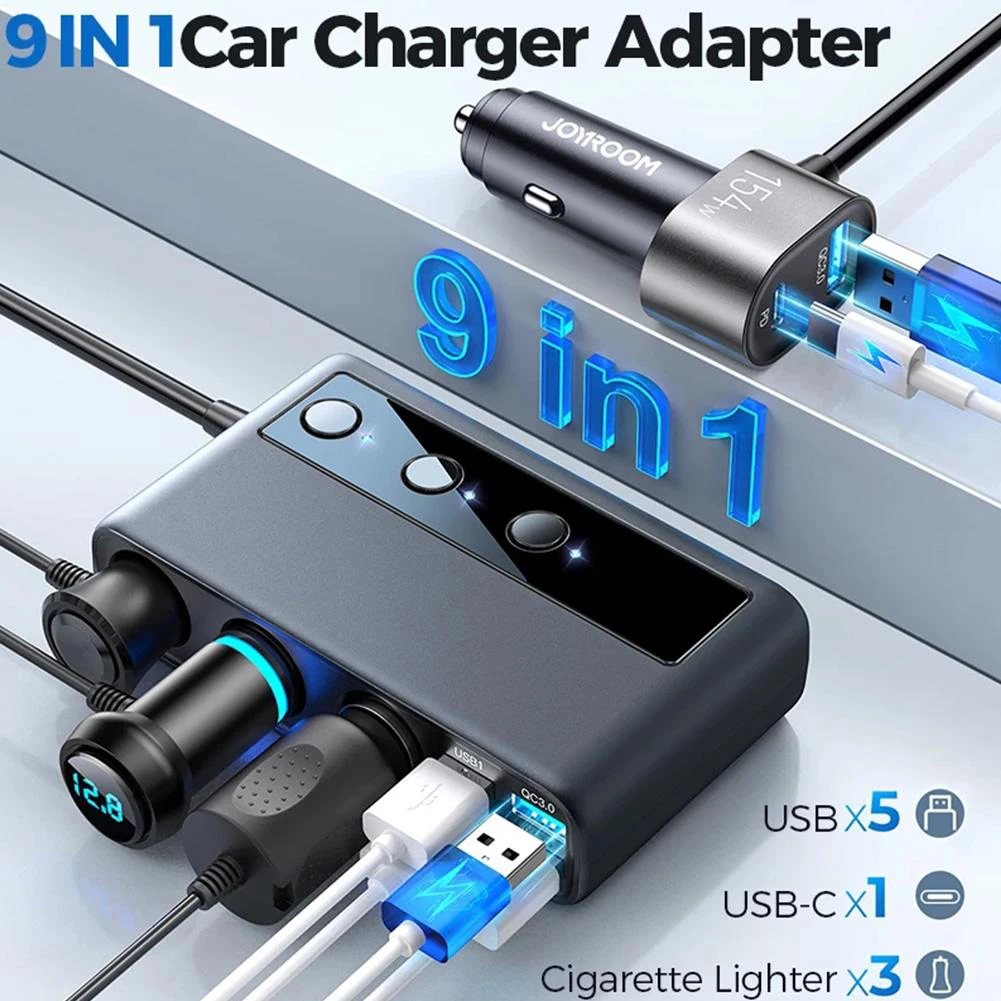 154W 9 in 1 Car Charger Adapter PD 3 Socket Cigarette Lighter Splitter Charge Independent Switches DC Cigarette Outlet