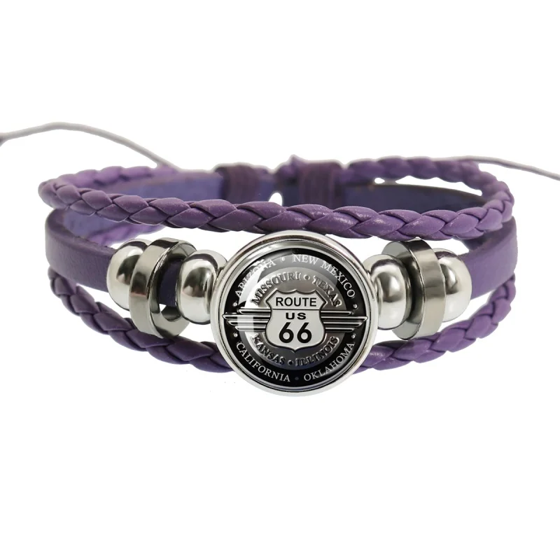 Classic US Route 66 Leather Bracelets Signs18mm Multilayer Braided Purple Bracelets Bangles Handmade Jewelry