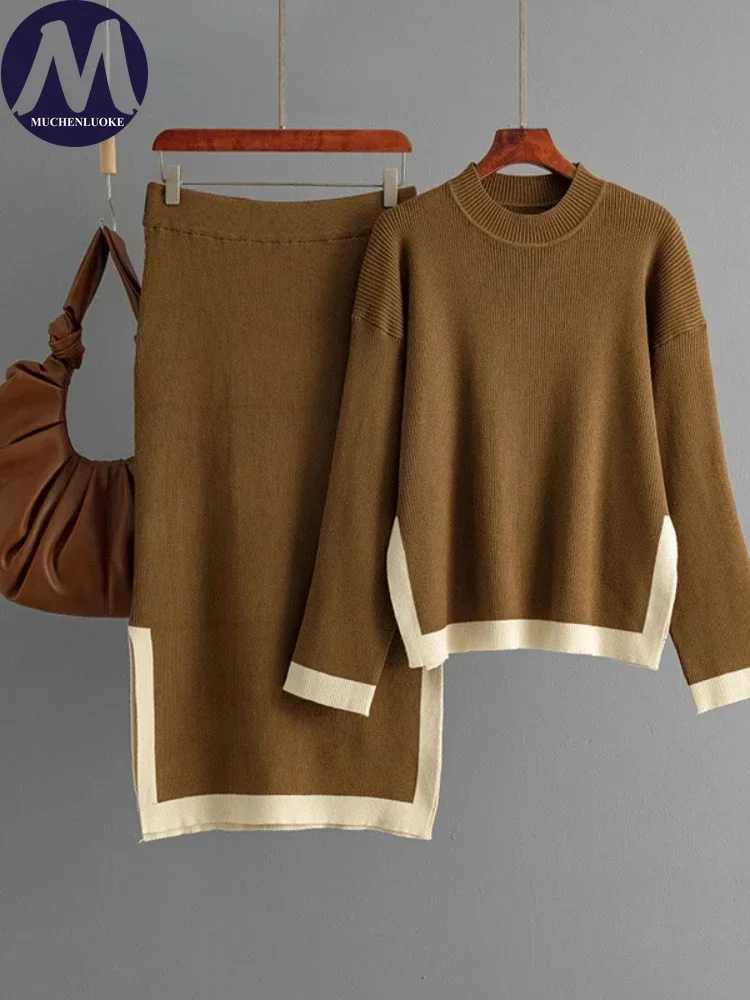 Knitted Women Dress Sets Blocking Round Neck Pullovers Top and Slit Skirt New Two Piece Set Autumn Winter Sweater Matching Sets