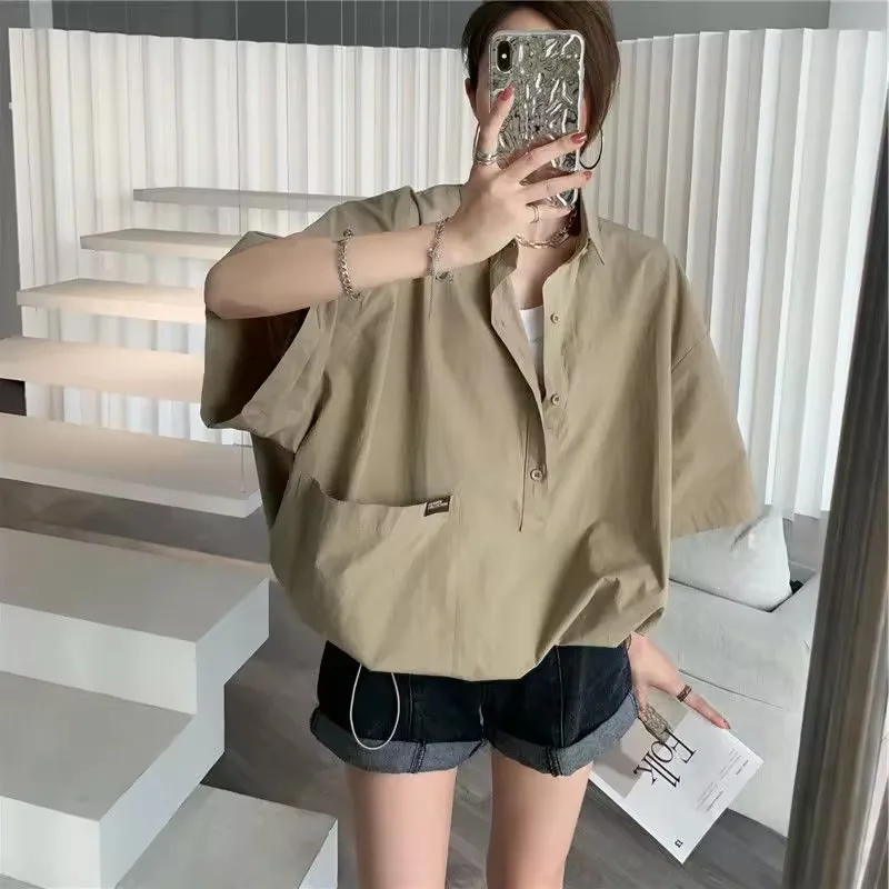2025 Summer Fashion Casual Shirt Women's Short Sleeve Polo Neck Versatile Blouse Drawstring Thin Tops