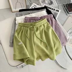 Pantalones cortos de gimnasio de estilo coreano para mujer, Shorts holgados de cintura imperio con cordón, cómodos e informales, de pierna ancha