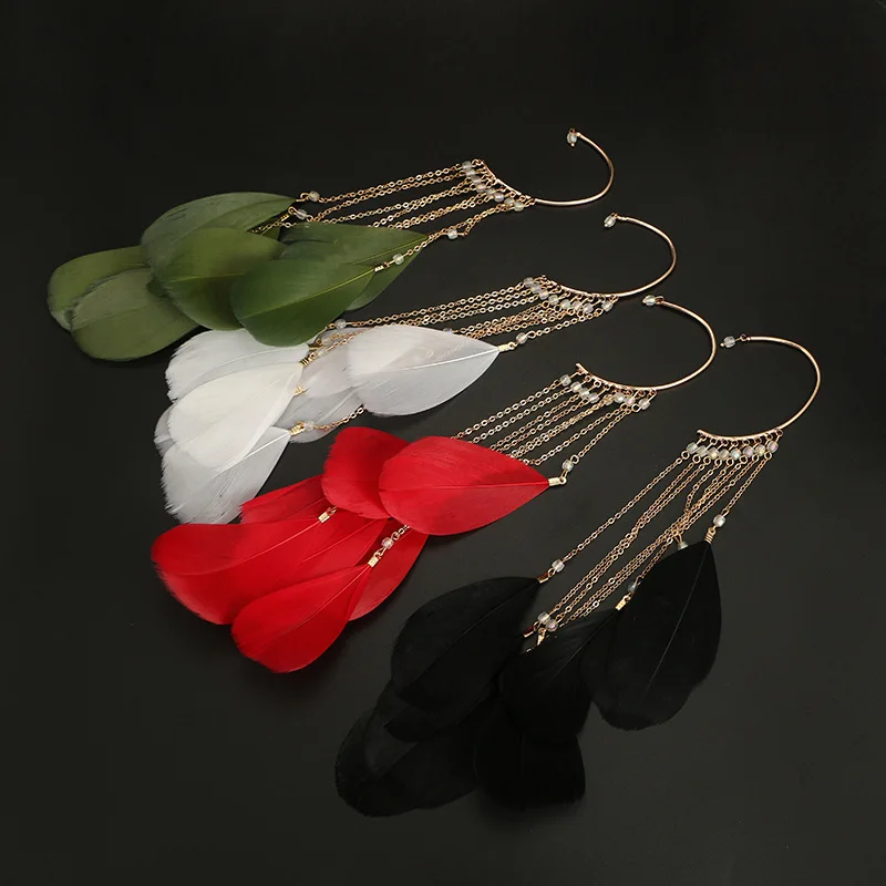 1PC Unusual Bohemian Long Feather Cuff Clip On Earrings For Women Beads Chain Handmade Big Dangling Ear Cuffs Earrings Jewerly view 3
