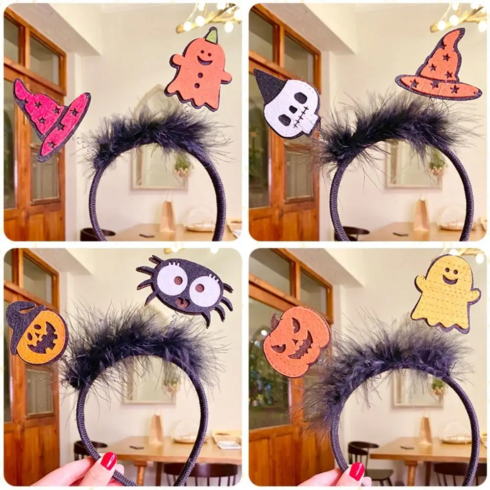 Trendy Cartoon Halloween Feather Headband Spider Witch Hat Halloween Hairband Performance Props Ghost Pumkin Hairband Lady