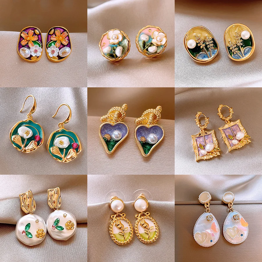 Pearl Stud Earrings French Royal Enamel Drop Natural Baroque Gem Exquisite Delicate Vintage Floral Garden Party Daily Gift Women