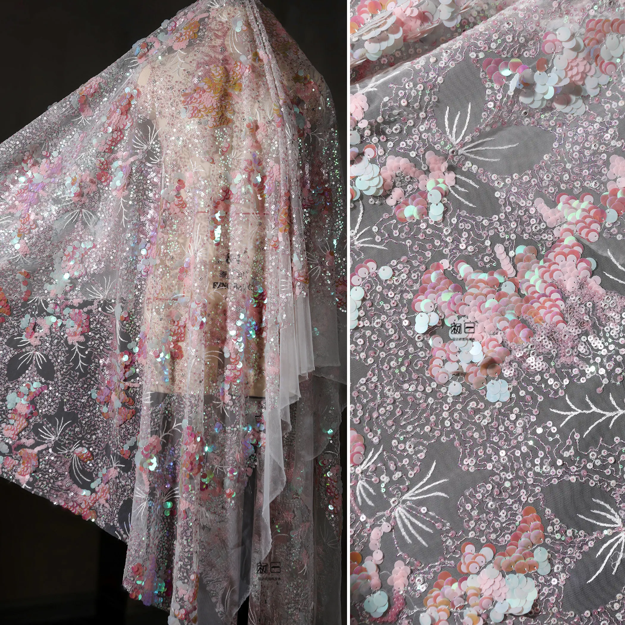 Pink Sequins Gauze Beautiful Fairy Style Creative Embroidery Clothing Dress Wedding Background Designer Fabric