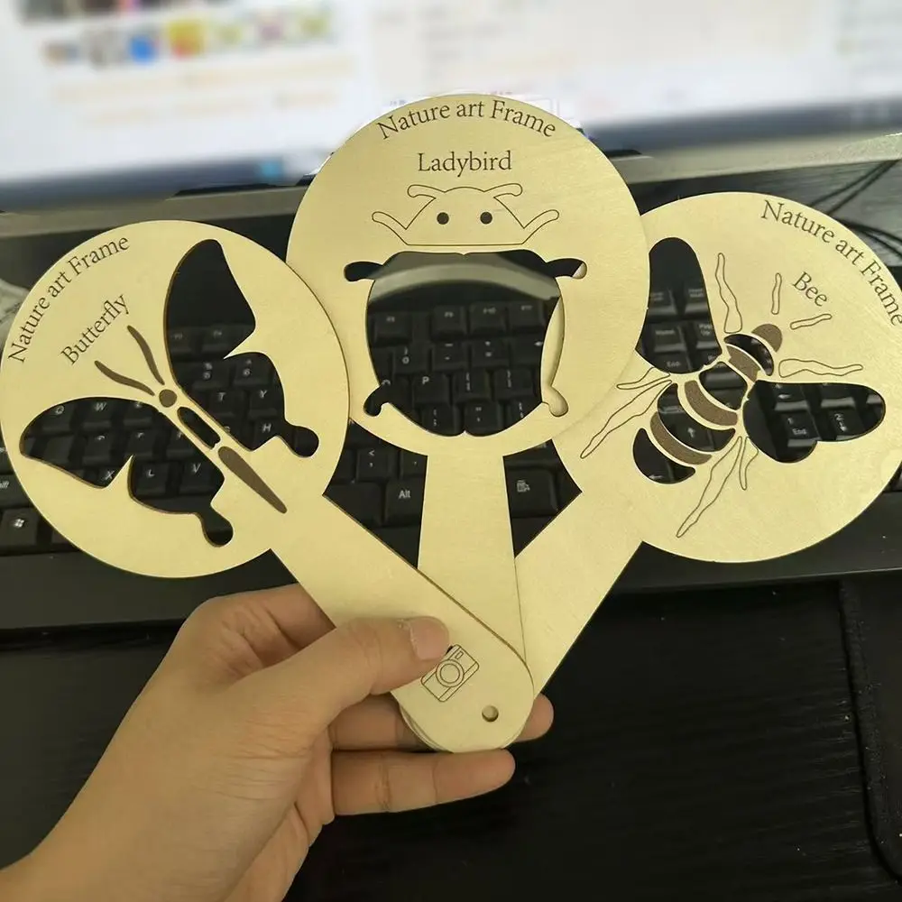 3Pcs Butterfly Natural Art Frame 2D Flat Inspires Imagination Hollow Ladybird Bee Wooden Frame with Long Handle Creative