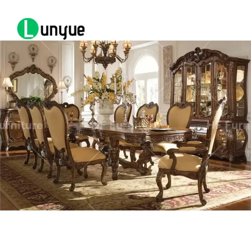 Classic American Style Antique Dining Table and Chairs Set Retro Solid Wood Banquet Furniture for Restaurant Home Decor