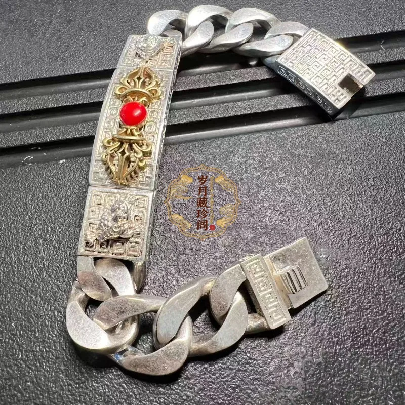 Old Tibetan Silver Chain Bracelet, Traditional Vajra Charm Bangle, Antique Buddhist Ethnic Protection Wrist Ornament