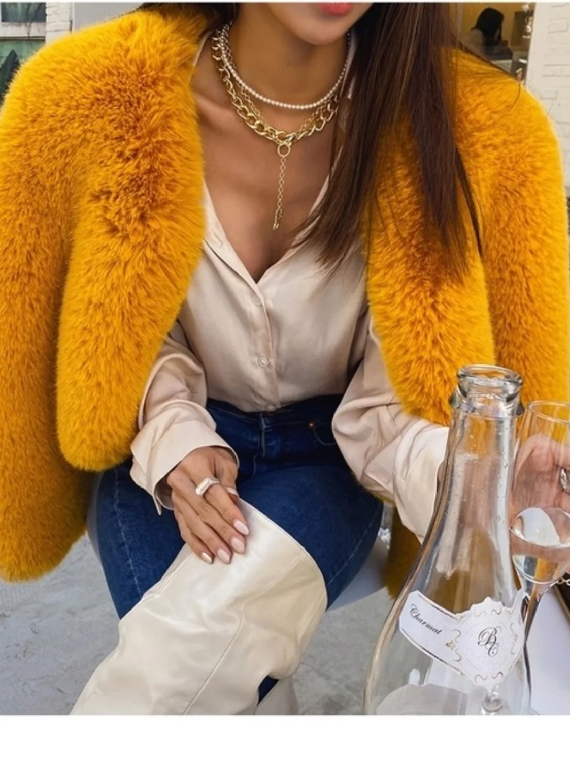 Cappotto in Pelliccia di Agnello da Donna, Trendy Cappotto Lungo in Finta Pelliccia di Coniglio, Elegante Cappotto a Vita Alta con Bordi per il Pendolarismo