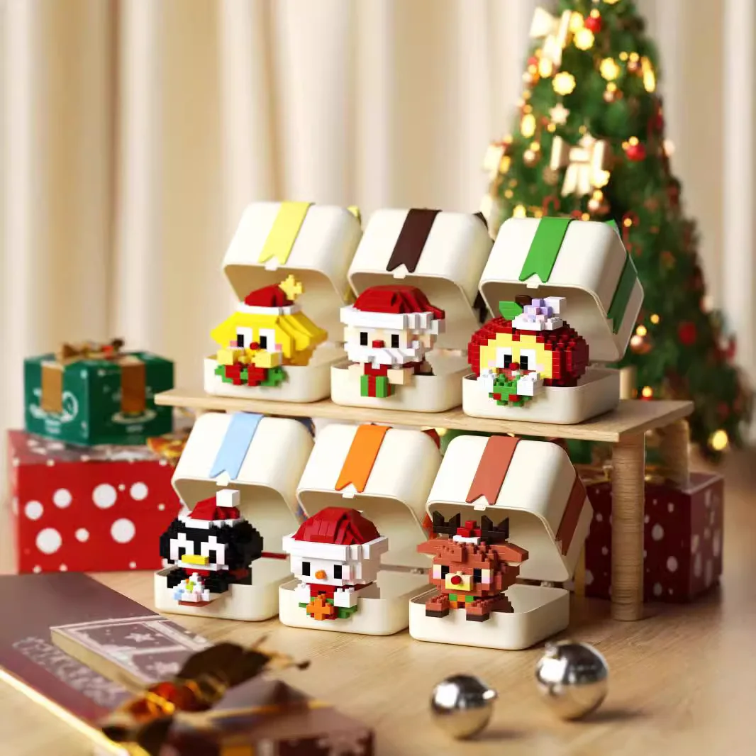 

Рождественская подарочная коробка, строительный блок, сборка крошечных частиц, игрушки Санта-Клауса, оленей, снеговика