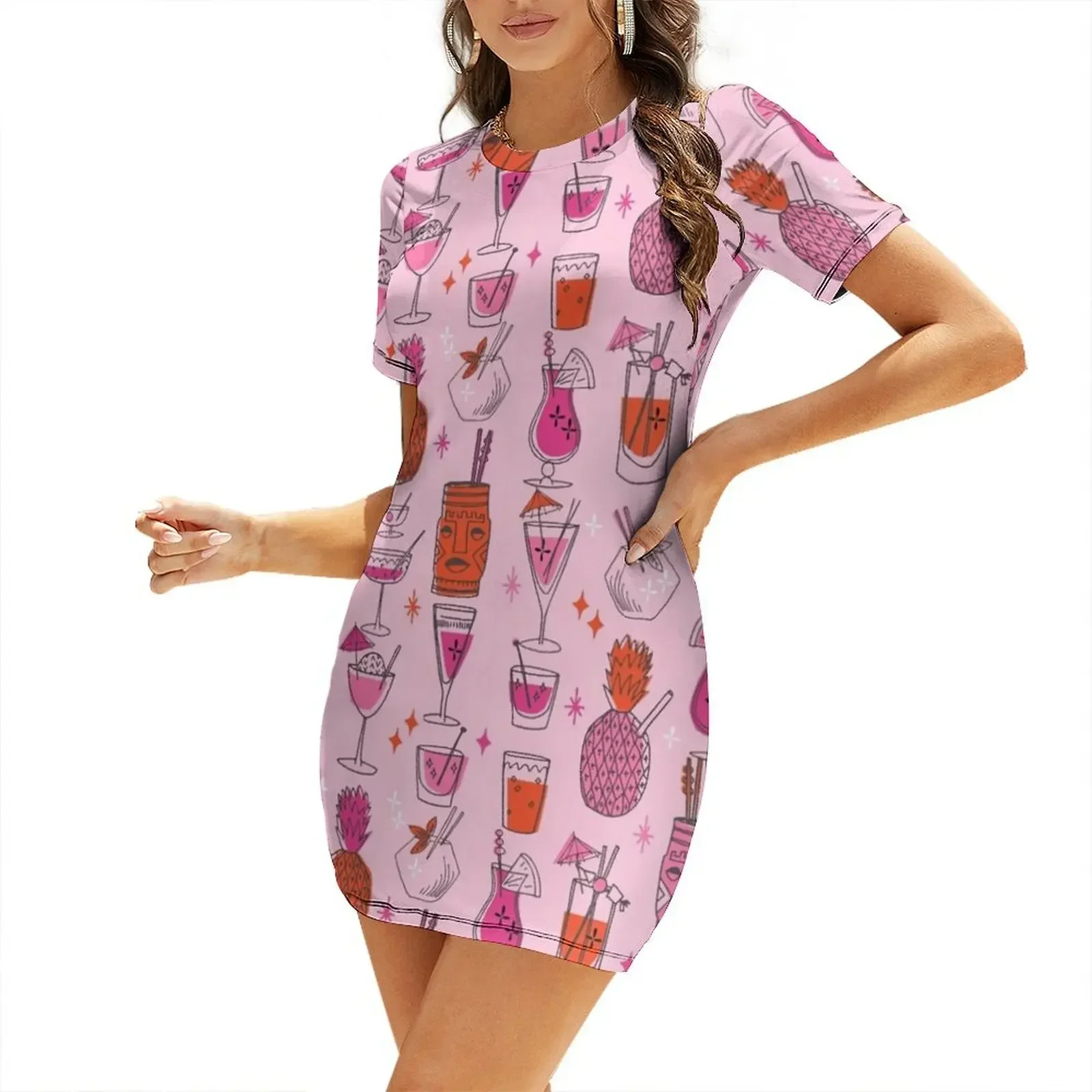Tropical cocktails tiki bar hawaiian drinks cute pattern by andrea lauren Short-Sleeved Dress women's luxury party dress
