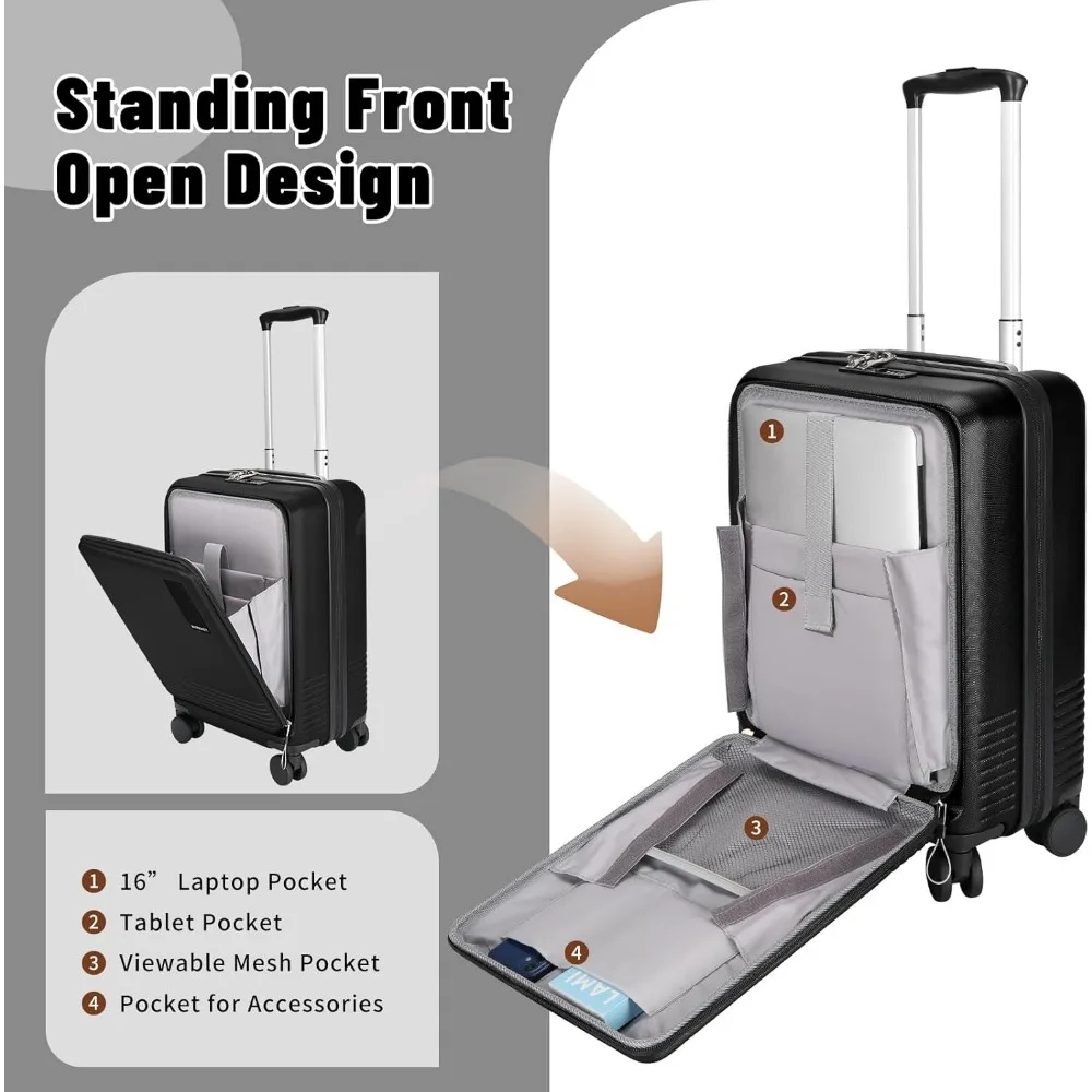Equipaje de mano abierto frontal de 20 pulgadas con compartimento para computadora portátil, maleta de carcasa dura ABS + PC con ruedas giratorias, cerradura TSA y