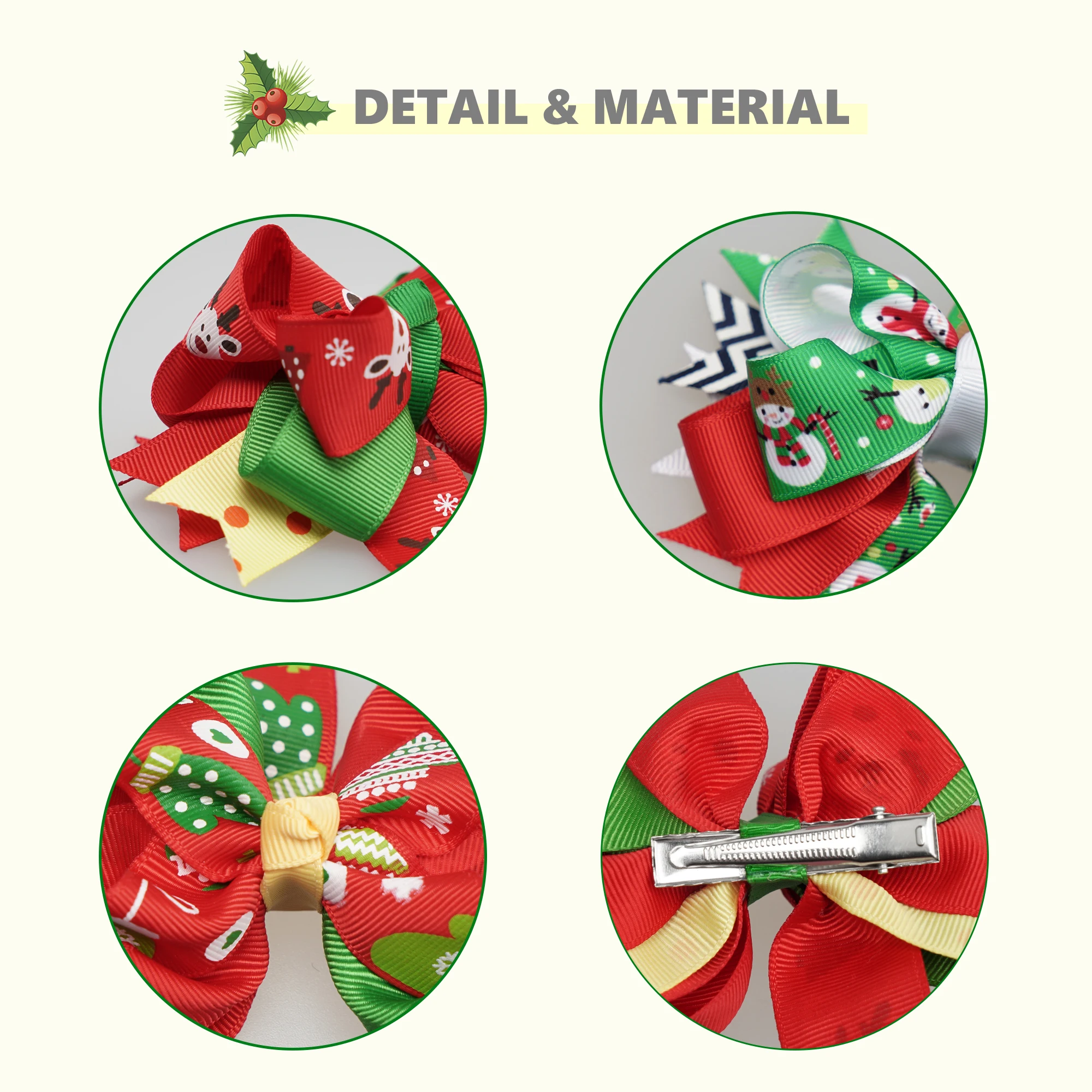 6/8PCS Christmas Hair Bows 4.8Inch Grosgrain Ribbon Bows Alligator Hair Clips Hair Accessories Christmas Gifts for Baby Girls