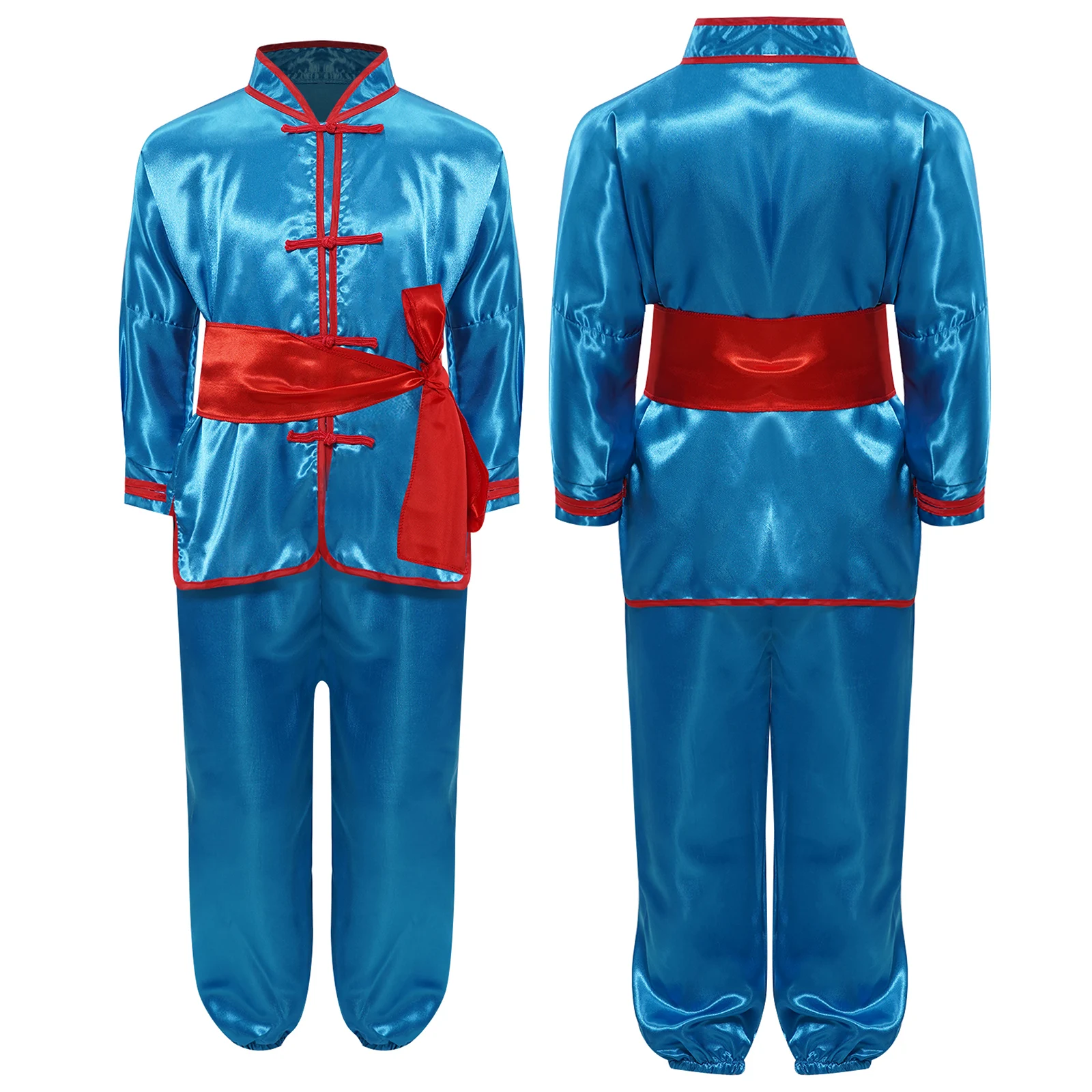 Kinderen Jongens Meisjes Satijnen Kung Fu Pak Vechtsporten Tai Chi Outfit Workout Halloween Kleding Stand Kraag Lange Mouw Top + broek Riem